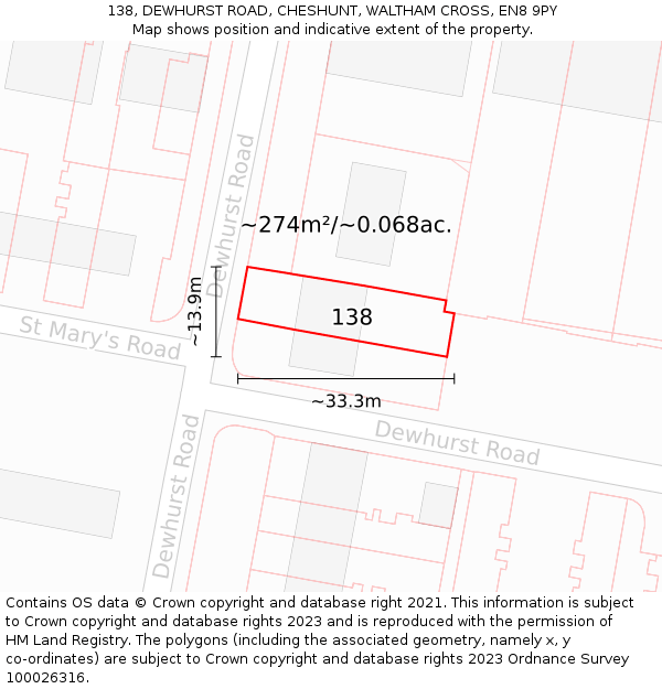 138, DEWHURST ROAD, CHESHUNT, WALTHAM CROSS, EN8 9PY: Plot and title map