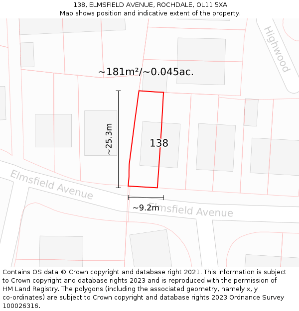 138, ELMSFIELD AVENUE, ROCHDALE, OL11 5XA: Plot and title map