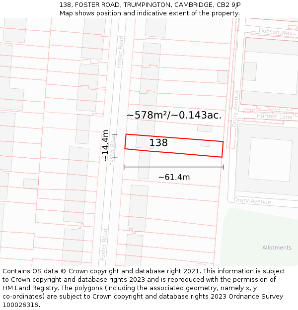 138, FOSTER ROAD, TRUMPINGTON, CAMBRIDGE, CB2 9JP: Plot and title map