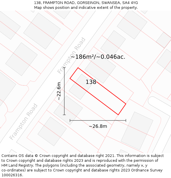 138, FRAMPTON ROAD, GORSEINON, SWANSEA, SA4 4YG: Plot and title map