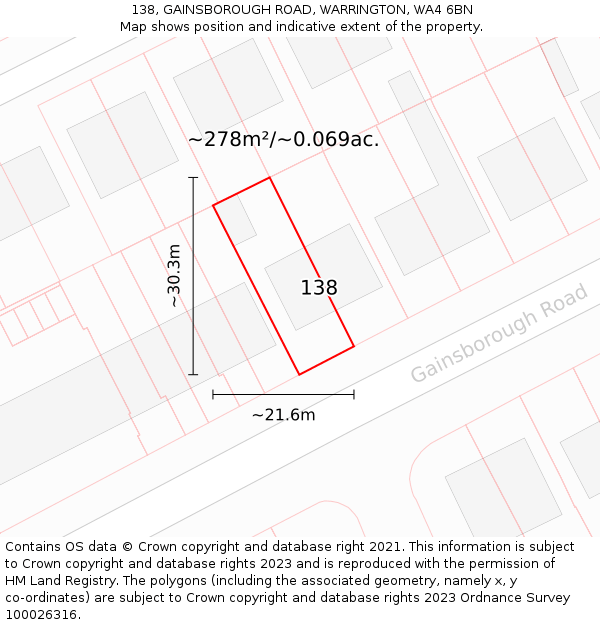 138, GAINSBOROUGH ROAD, WARRINGTON, WA4 6BN: Plot and title map