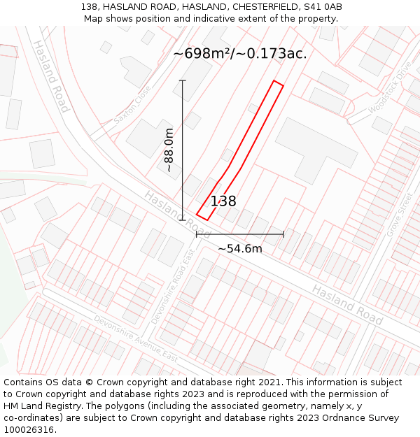 138, HASLAND ROAD, HASLAND, CHESTERFIELD, S41 0AB: Plot and title map