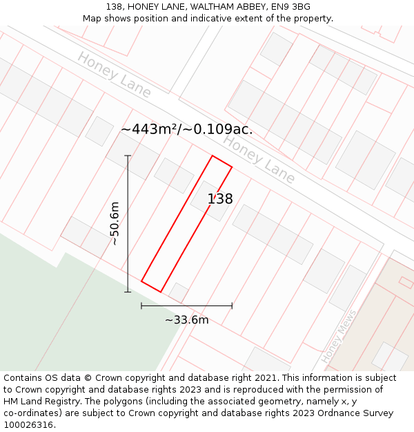 138, HONEY LANE, WALTHAM ABBEY, EN9 3BG: Plot and title map