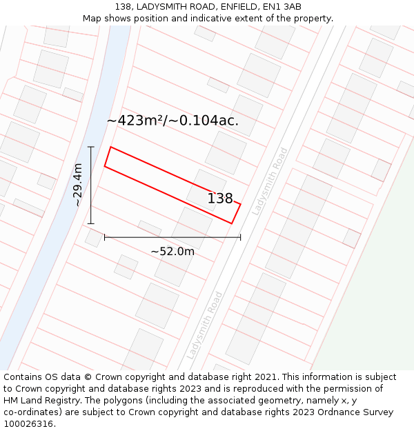 138, LADYSMITH ROAD, ENFIELD, EN1 3AB: Plot and title map