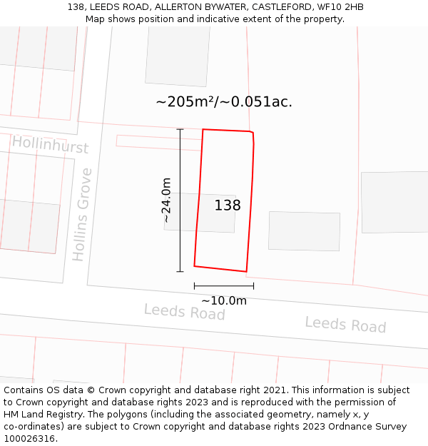 138, LEEDS ROAD, ALLERTON BYWATER, CASTLEFORD, WF10 2HB: Plot and title map