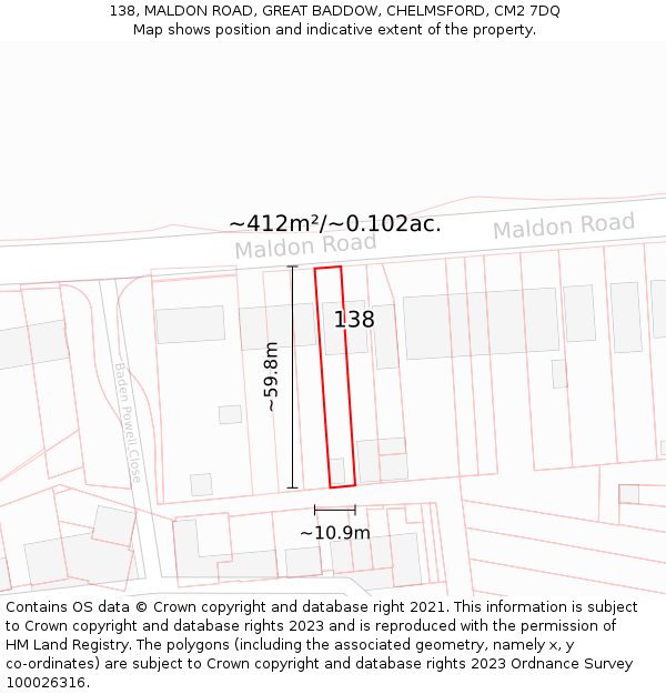 138, MALDON ROAD, GREAT BADDOW, CHELMSFORD, CM2 7DQ: Plot and title map