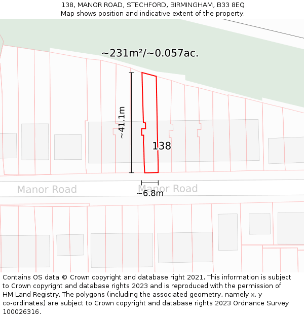 138, MANOR ROAD, STECHFORD, BIRMINGHAM, B33 8EQ: Plot and title map