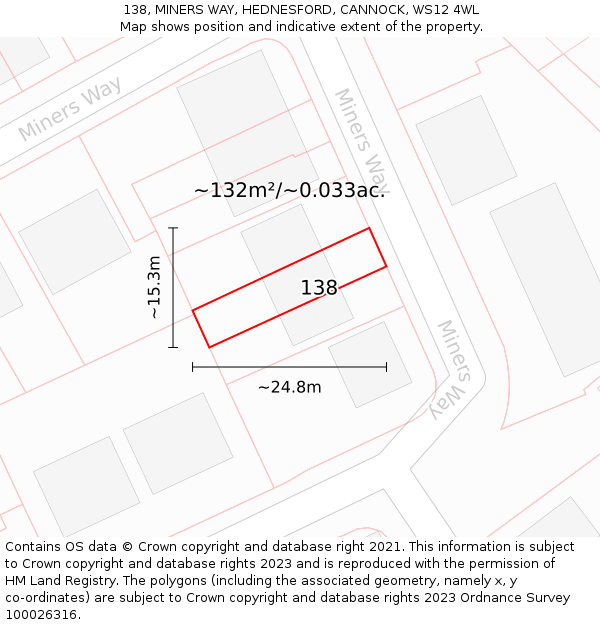 138, MINERS WAY, HEDNESFORD, CANNOCK, WS12 4WL: Plot and title map