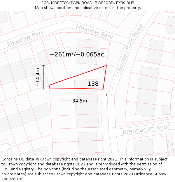 138, MORETON PARK ROAD, BIDEFORD, EX39 3HB: Plot and title map