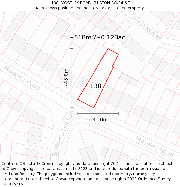 138, MOSELEY ROAD, BILSTON, WV14 6JF: Plot and title map