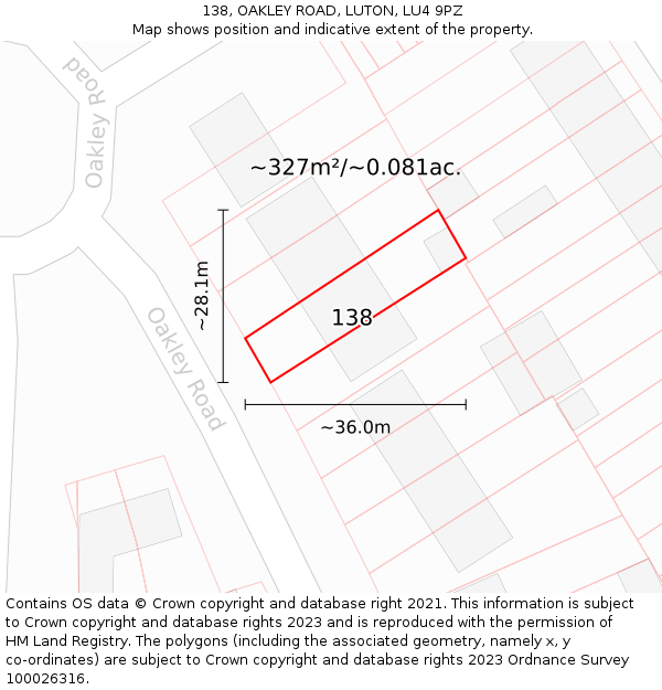 138, OAKLEY ROAD, LUTON, LU4 9PZ: Plot and title map