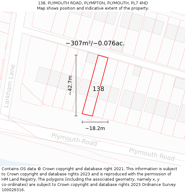 138, PLYMOUTH ROAD, PLYMPTON, PLYMOUTH, PL7 4ND: Plot and title map