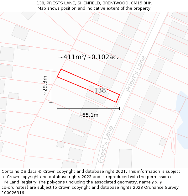 138, PRIESTS LANE, SHENFIELD, BRENTWOOD, CM15 8HN: Plot and title map