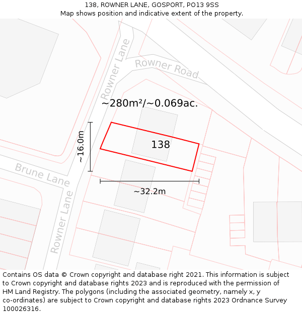 138, ROWNER LANE, GOSPORT, PO13 9SS: Plot and title map