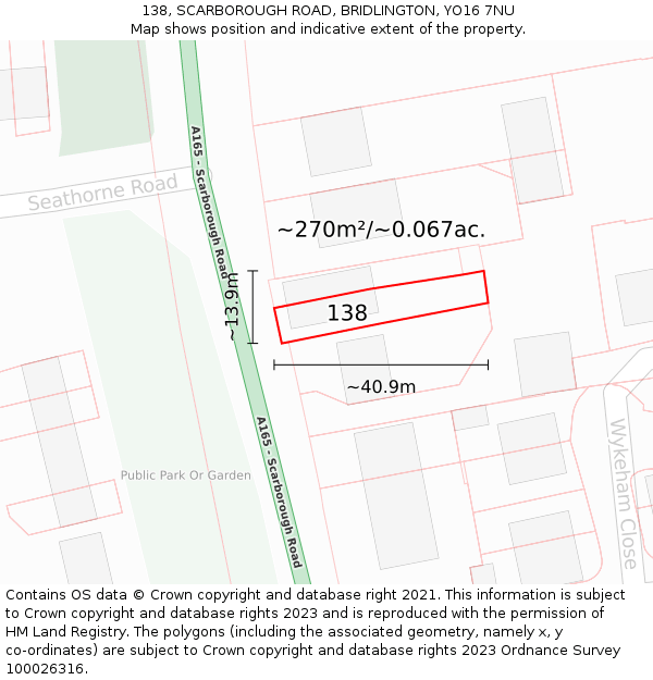 138, SCARBOROUGH ROAD, BRIDLINGTON, YO16 7NU: Plot and title map