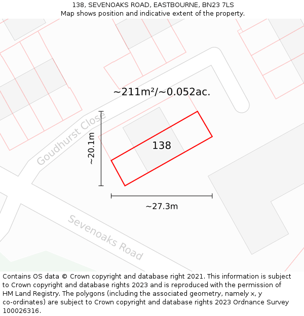 138, SEVENOAKS ROAD, EASTBOURNE, BN23 7LS: Plot and title map