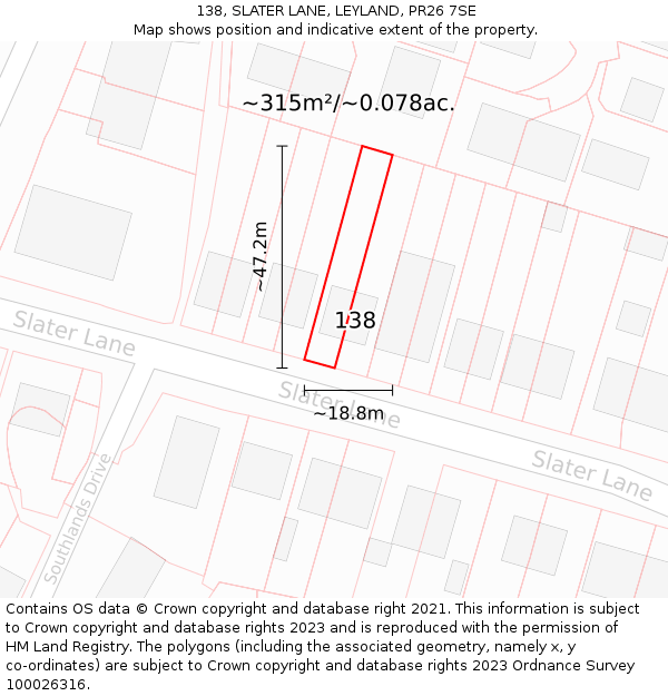 138, SLATER LANE, LEYLAND, PR26 7SE: Plot and title map