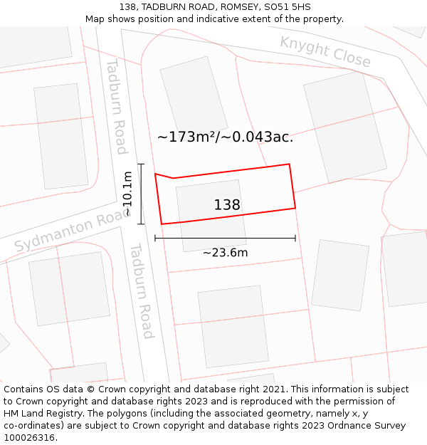 138, TADBURN ROAD, ROMSEY, SO51 5HS: Plot and title map