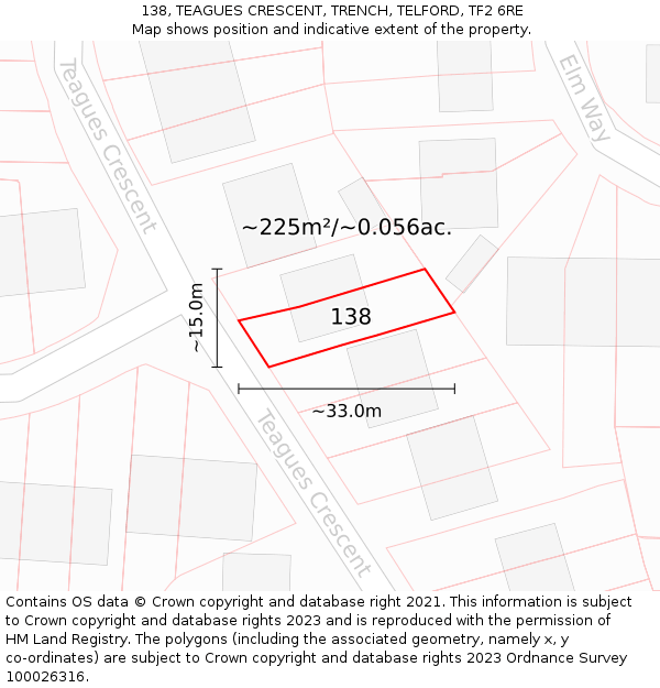 138, TEAGUES CRESCENT, TRENCH, TELFORD, TF2 6RE: Plot and title map