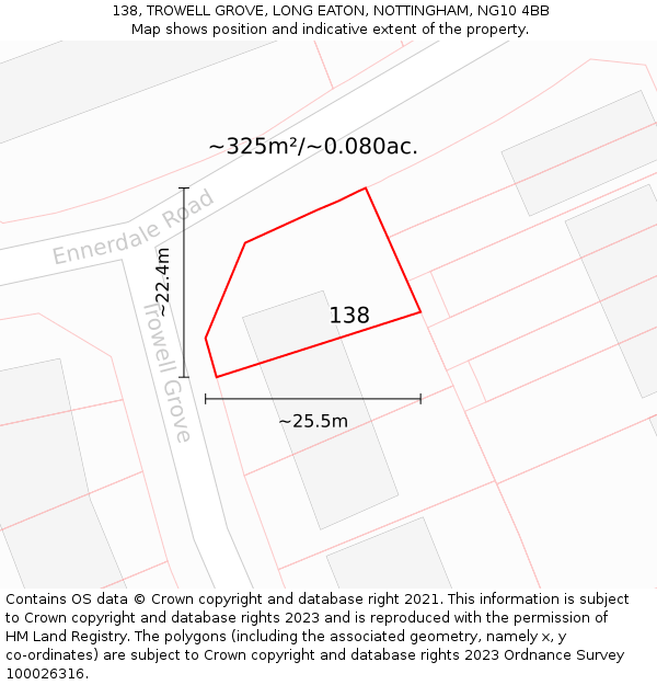 138, TROWELL GROVE, LONG EATON, NOTTINGHAM, NG10 4BB: Plot and title map
