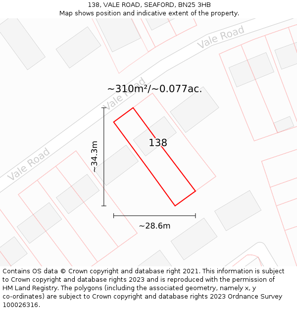 138, VALE ROAD, SEAFORD, BN25 3HB: Plot and title map