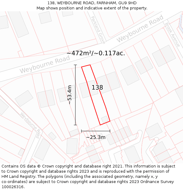 138, WEYBOURNE ROAD, FARNHAM, GU9 9HD: Plot and title map