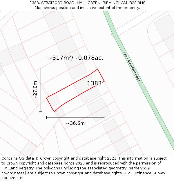 1383, STRATFORD ROAD, HALL GREEN, BIRMINGHAM, B28 9HS: Plot and title map