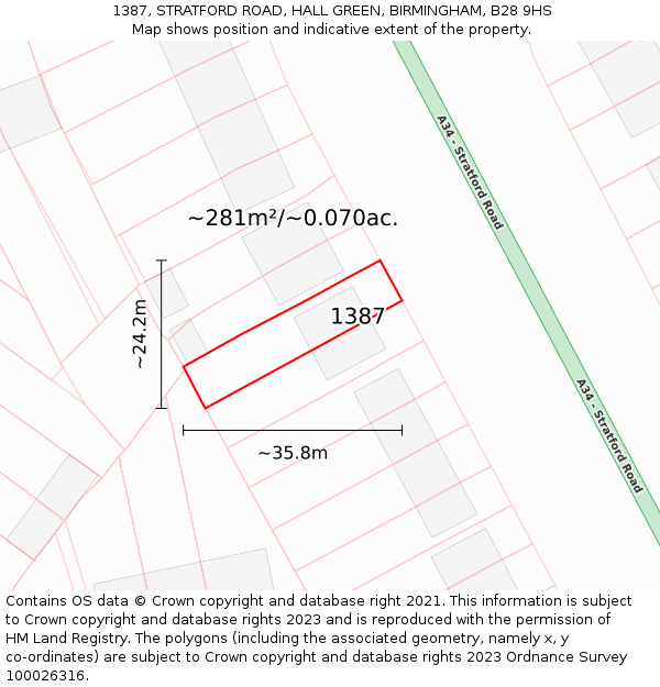 1387, STRATFORD ROAD, HALL GREEN, BIRMINGHAM, B28 9HS: Plot and title map