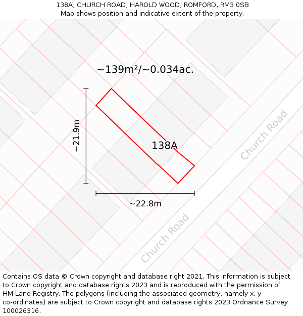 138A, CHURCH ROAD, HAROLD WOOD, ROMFORD, RM3 0SB: Plot and title map