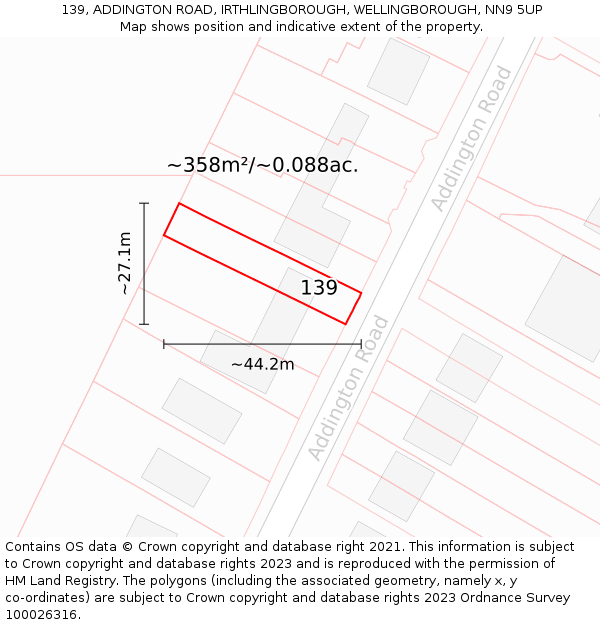 139, ADDINGTON ROAD, IRTHLINGBOROUGH, WELLINGBOROUGH, NN9 5UP: Plot and title map