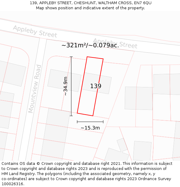 139, APPLEBY STREET, CHESHUNT, WALTHAM CROSS, EN7 6QU: Plot and title map