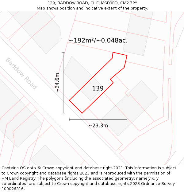 139, BADDOW ROAD, CHELMSFORD, CM2 7PY: Plot and title map