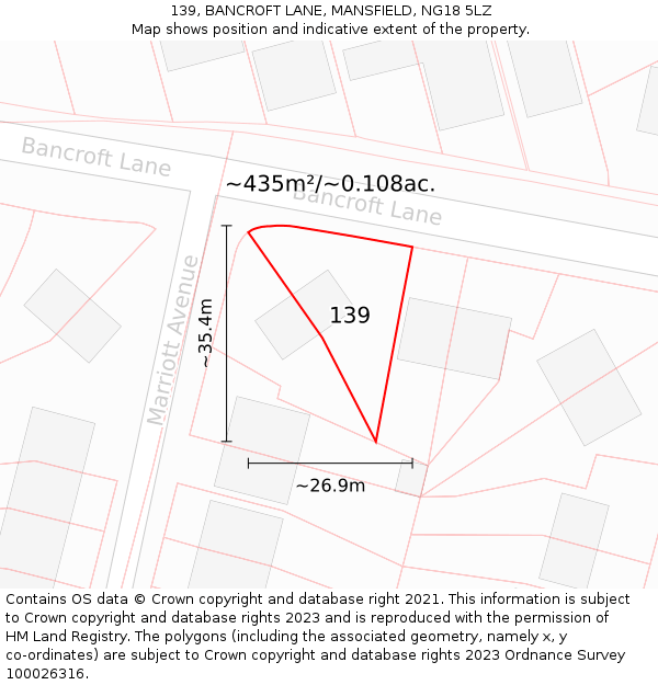 139, BANCROFT LANE, MANSFIELD, NG18 5LZ: Plot and title map