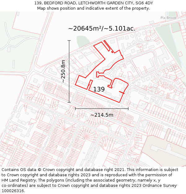 139, BEDFORD ROAD, LETCHWORTH GARDEN CITY, SG6 4DY: Plot and title map