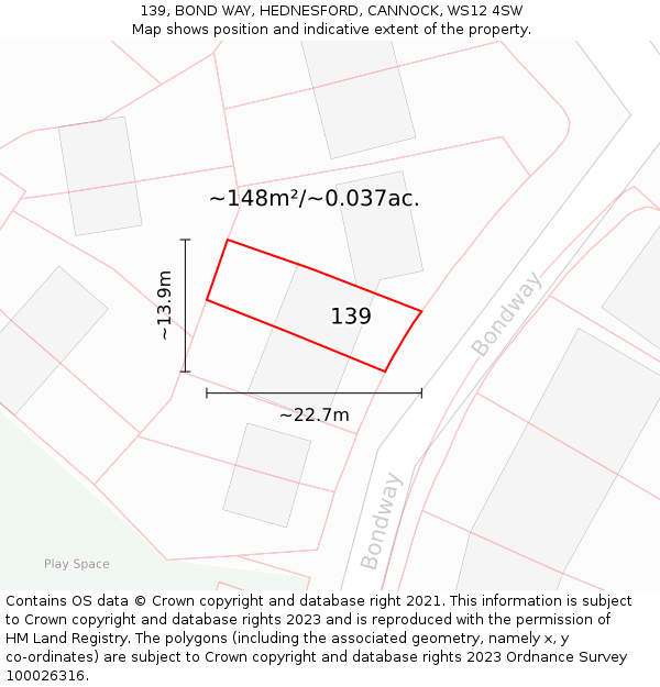 139, BOND WAY, HEDNESFORD, CANNOCK, WS12 4SW: Plot and title map