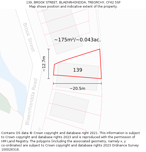 139, BROOK STREET, BLAENRHONDDA, TREORCHY, CF42 5SF: Plot and title map