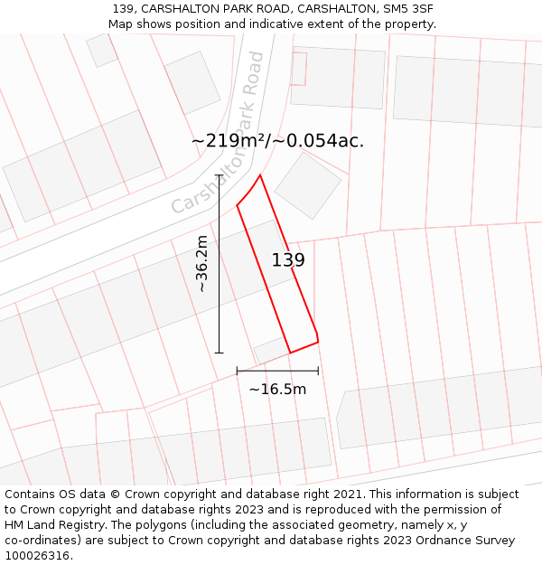 139, CARSHALTON PARK ROAD, CARSHALTON, SM5 3SF: Plot and title map