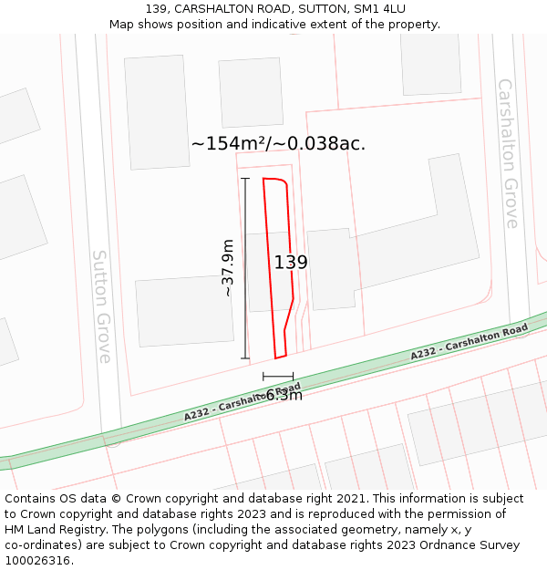 139, CARSHALTON ROAD, SUTTON, SM1 4LU: Plot and title map