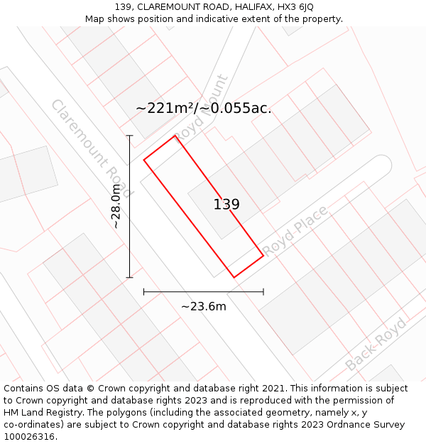 139, CLAREMOUNT ROAD, HALIFAX, HX3 6JQ: Plot and title map