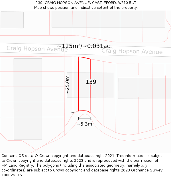 139, CRAIG HOPSON AVENUE, CASTLEFORD, WF10 5UT: Plot and title map