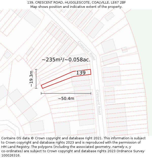 139, CRESCENT ROAD, HUGGLESCOTE, COALVILLE, LE67 2BF: Plot and title map