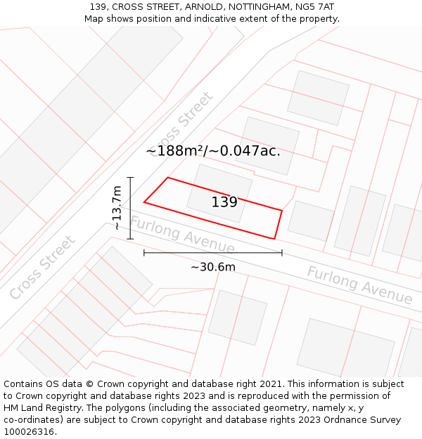 139, CROSS STREET, ARNOLD, NOTTINGHAM, NG5 7AT: Plot and title map