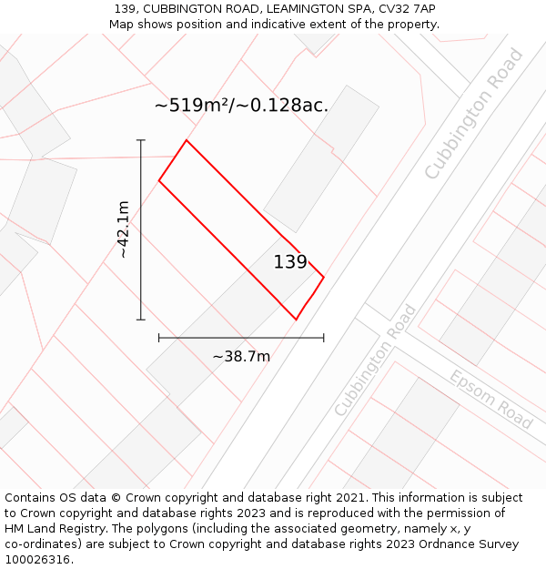 139, CUBBINGTON ROAD, LEAMINGTON SPA, CV32 7AP: Plot and title map