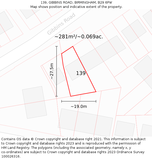 139, GIBBINS ROAD, BIRMINGHAM, B29 6PW: Plot and title map