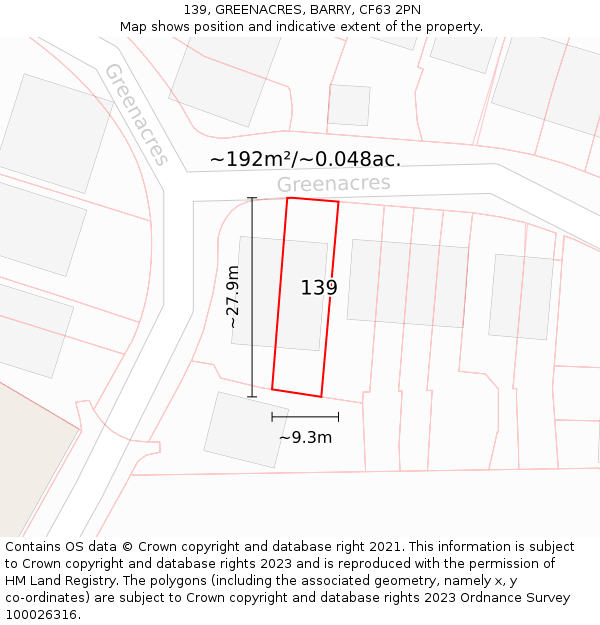 139, GREENACRES, BARRY, CF63 2PN: Plot and title map