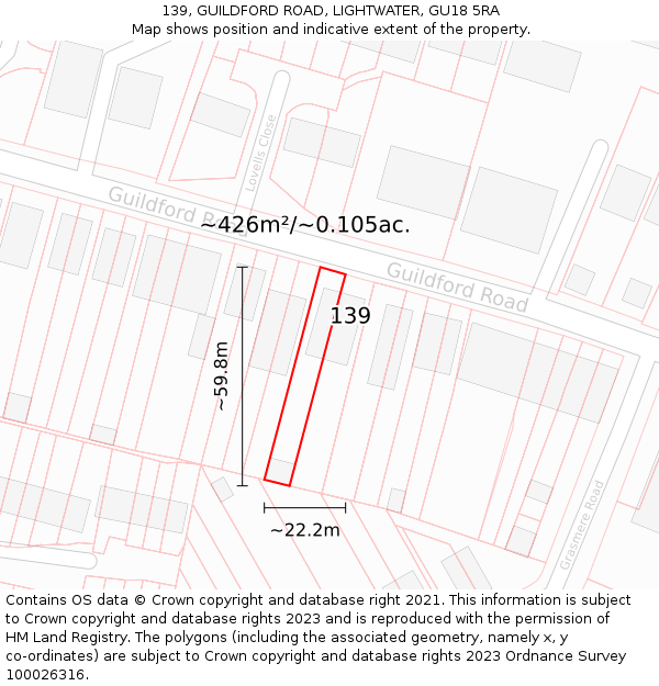 139, GUILDFORD ROAD, LIGHTWATER, GU18 5RA: Plot and title map