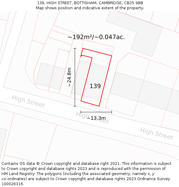 139, HIGH STREET, BOTTISHAM, CAMBRIDGE, CB25 9BB: Plot and title map