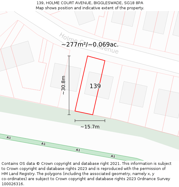 139, HOLME COURT AVENUE, BIGGLESWADE, SG18 8PA: Plot and title map