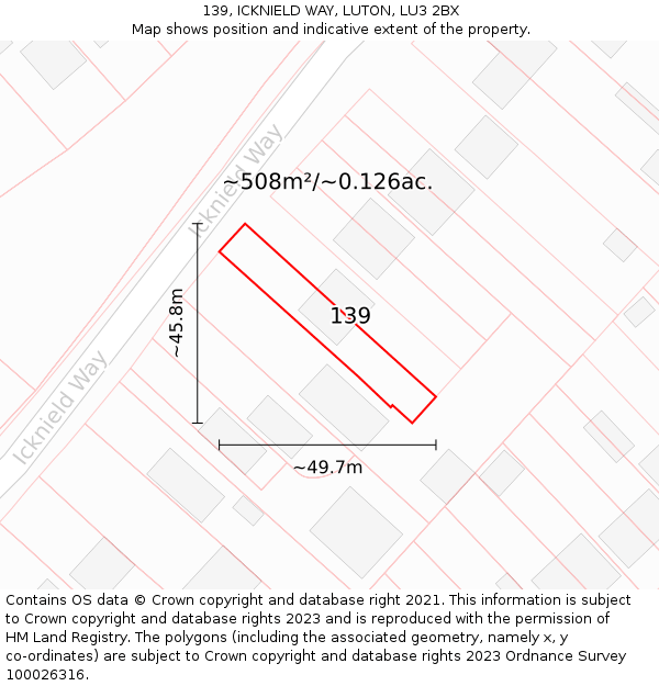 139, ICKNIELD WAY, LUTON, LU3 2BX: Plot and title map