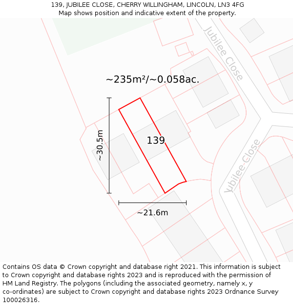 139, JUBILEE CLOSE, CHERRY WILLINGHAM, LINCOLN, LN3 4FG: Plot and title map